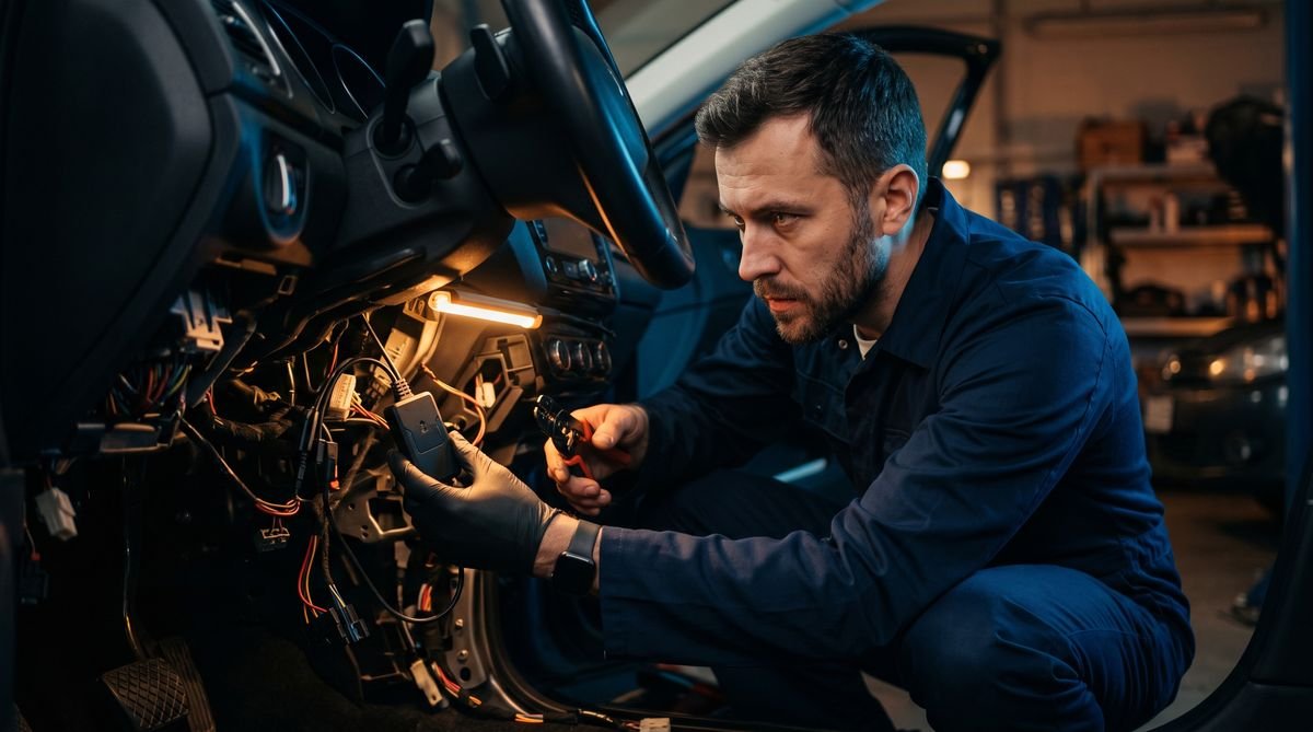 Técnico instalando um rastreador sob o painel de um veículo