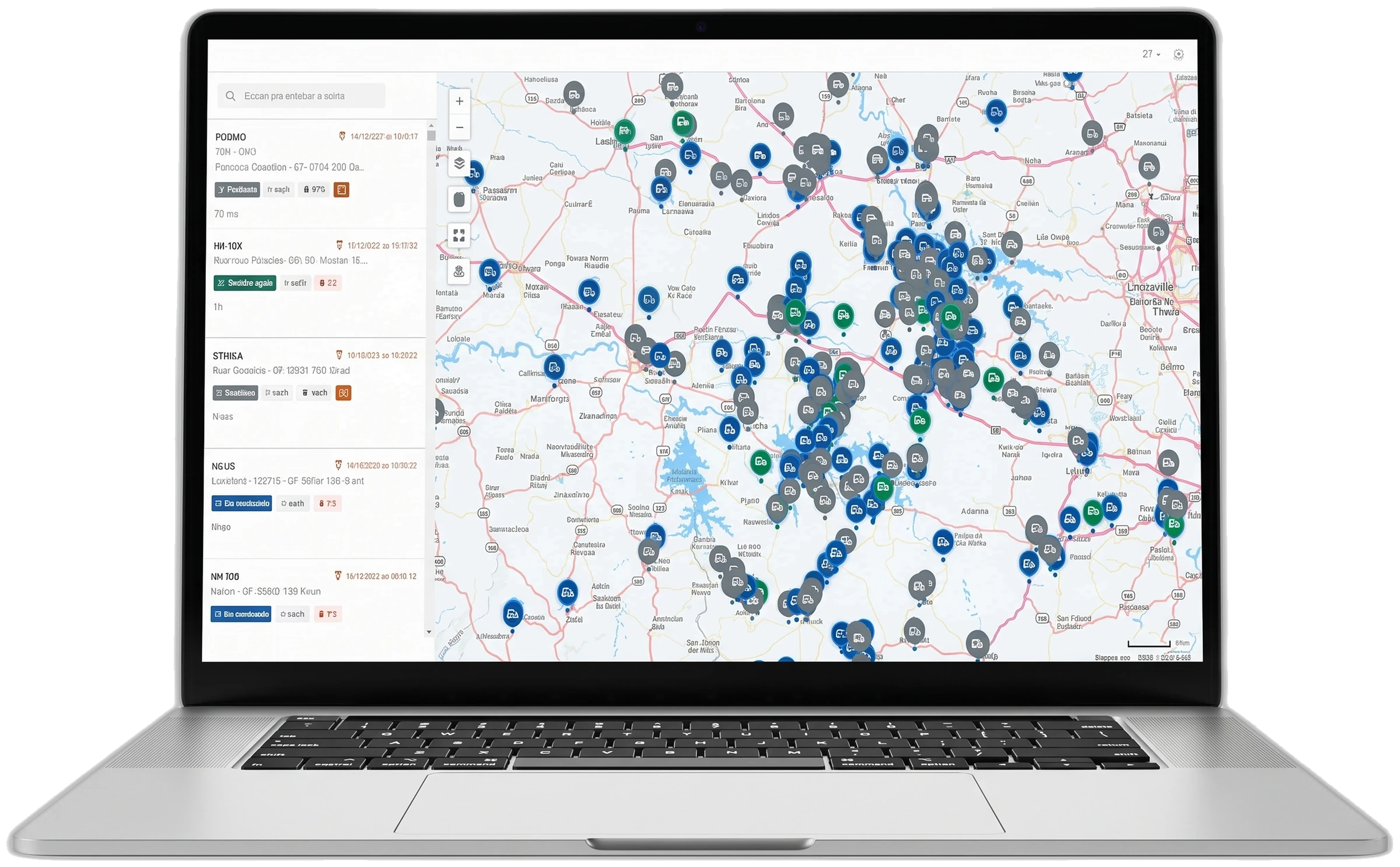 Tela do sistema de rastreamento no computador, com mapa e lista de veículos